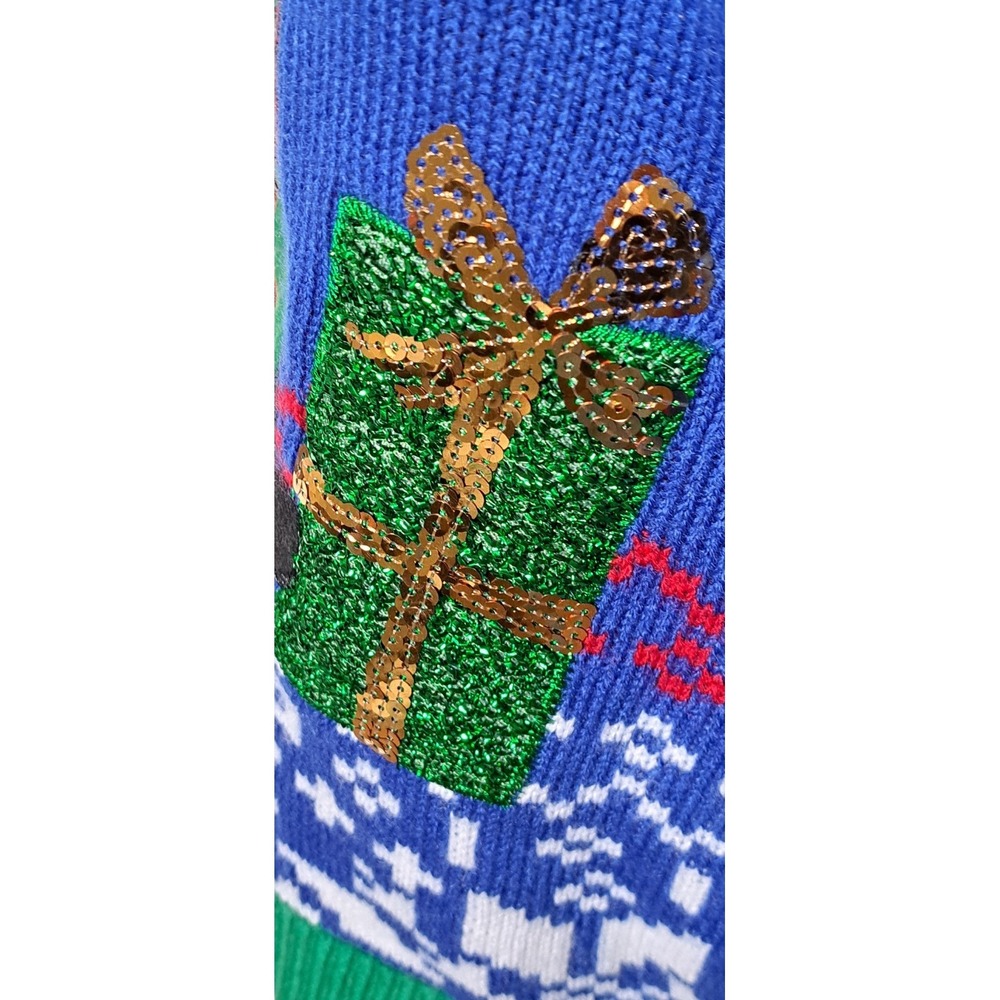 Jolly Sweaters Mens Medium Ugly Christmas Sweater Santa Sunglasses Sequins Blue‎ - Picture 6 of 7